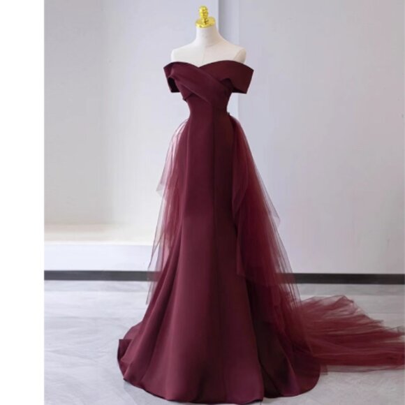 Dresses & Skirts - Regal Burgundy Off-Shoulder Mermaid Gown with Corset Back